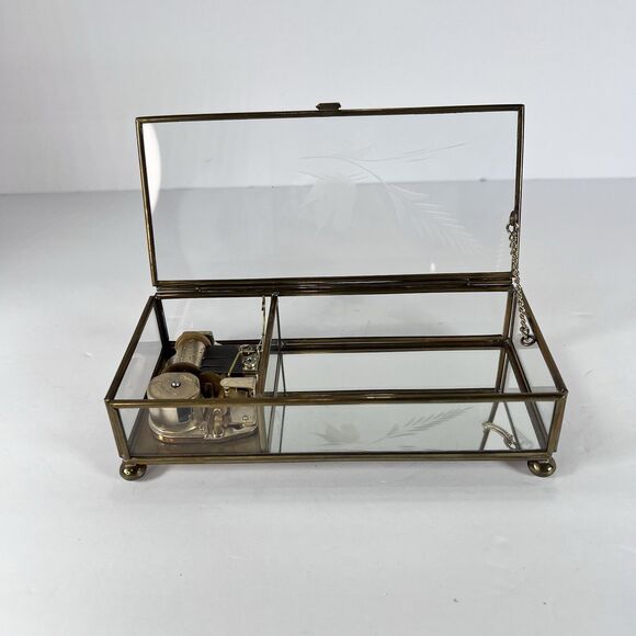Music Box Trinket Box Made Of Glass And Brass With Etched Bird‎ Lara’s Theme VTG - Picture 5 of 13